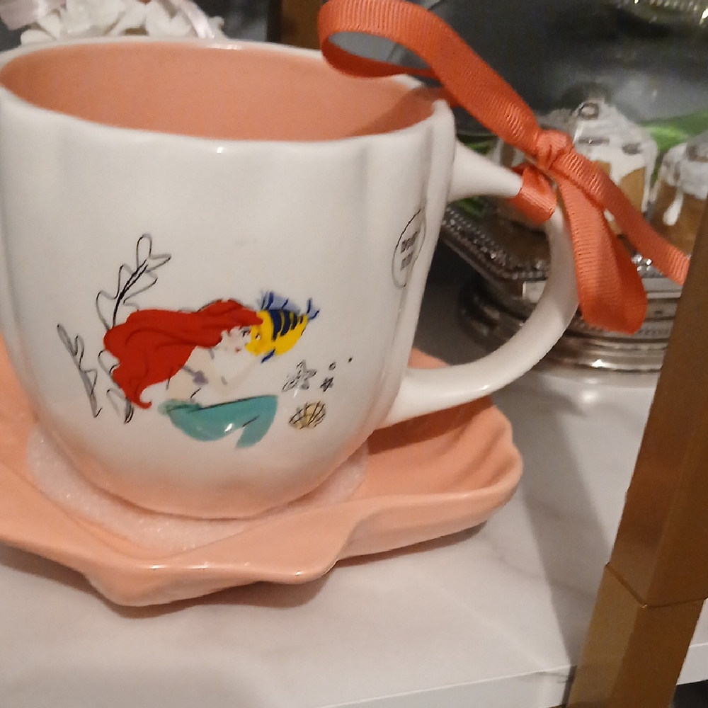 Rae Dunn Disney Double Sided Under the Sea Mug with Sea Shell Shaped Saucer NWT - Picture 4 of 7
